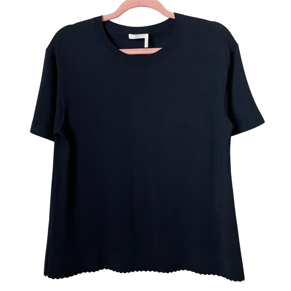 Chloe Top Womens Large Navy Wool Knit Scalloped Hem Short Sleeve‎ Quiet Luxury